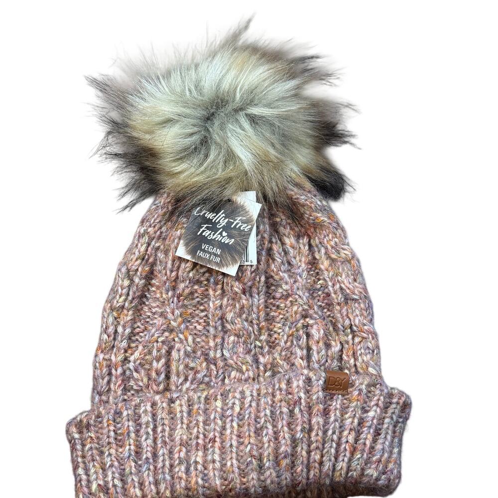 David and Young Blush Knit Beanie Hat Faux Fur Pom Vegan NWT Winter